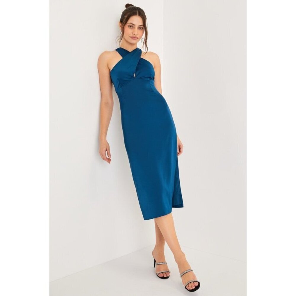 Lulus Truly Picturesque Dark Teal Blue Satin Cross-front Midi Dress - Size XL